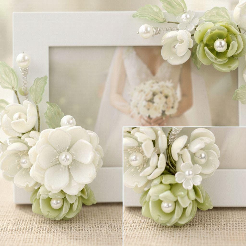 White and pale green glass flowers with pearls on a white frame