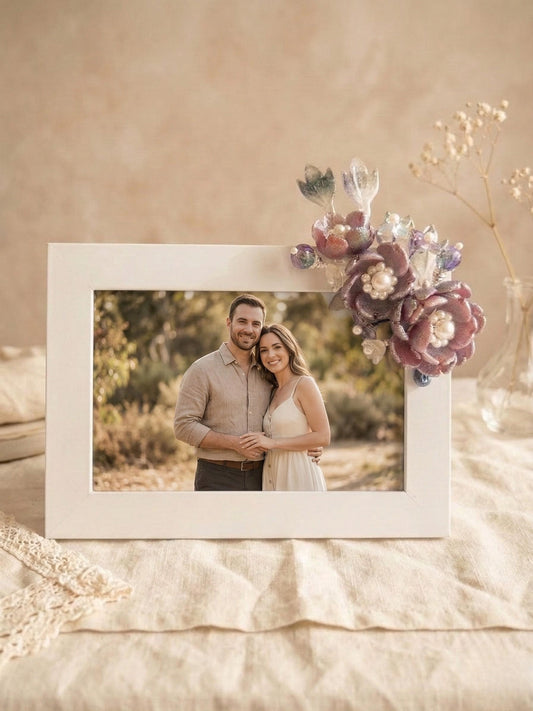 Purple pearl glass flower photo frame 4x6, handmade in Sydney