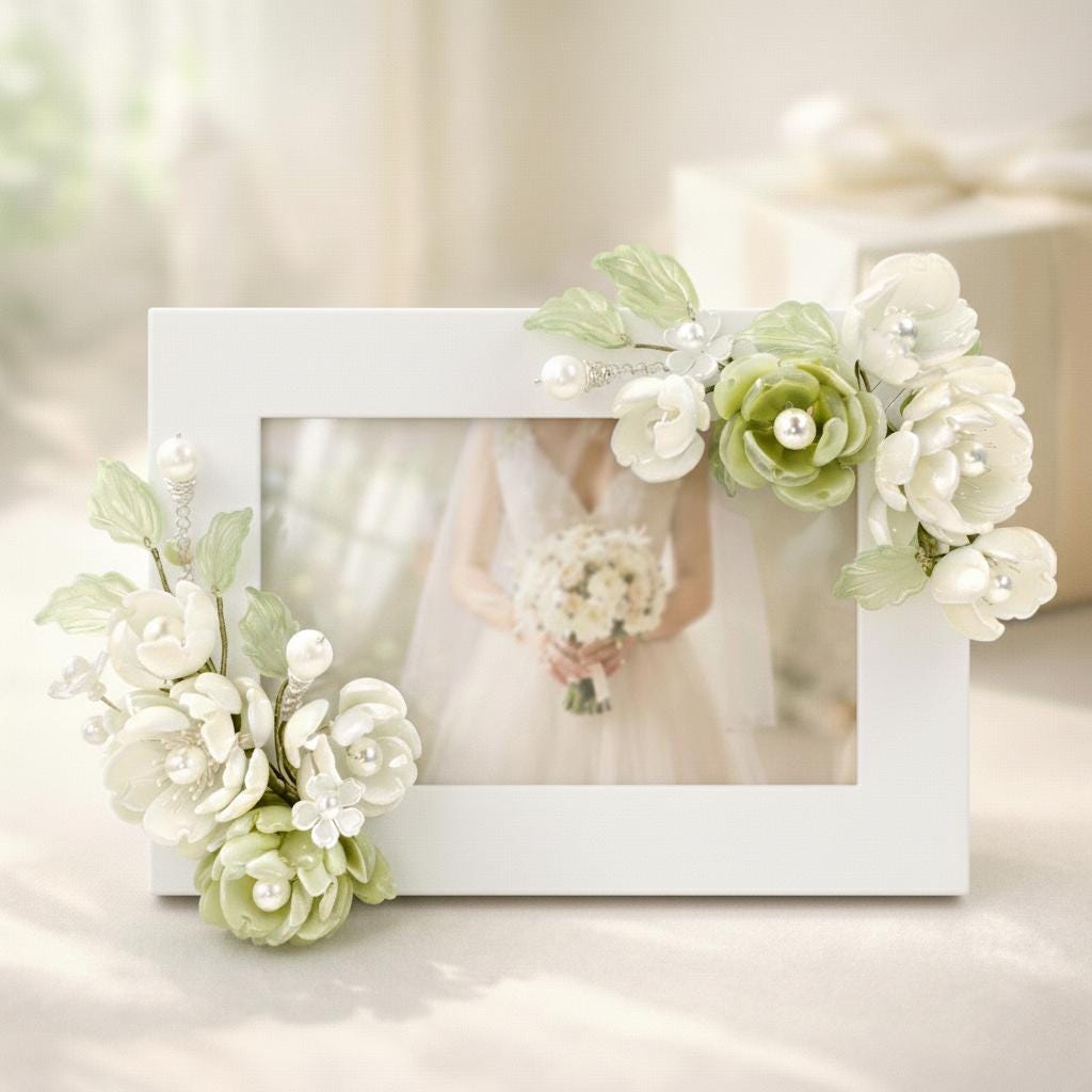 Sage and ivory glass flower photo frame 5x7, handmade in Sydney