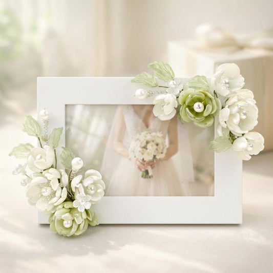 Sage and ivory glass flower photo frame 5x7, handmade in Sydney