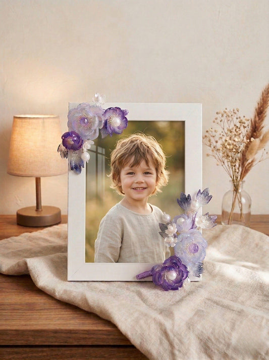 Purple glass flower photo frame 5x7, handmade in Sydney