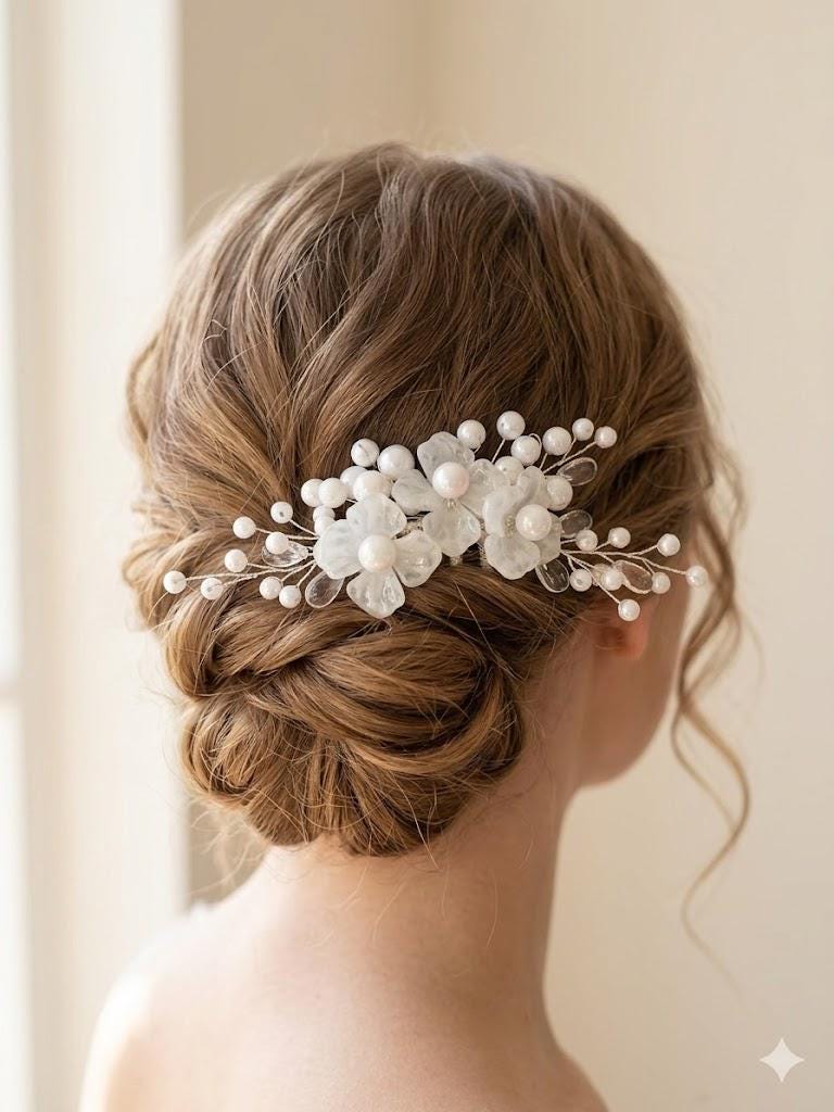 White glass floral bridal comb on a silver wire base