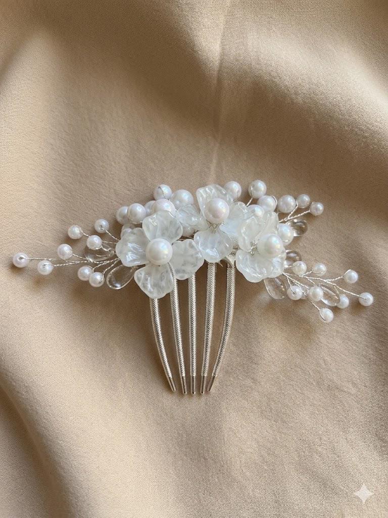 White glass flower bridal hair comb with pearls, handmade in Sydney