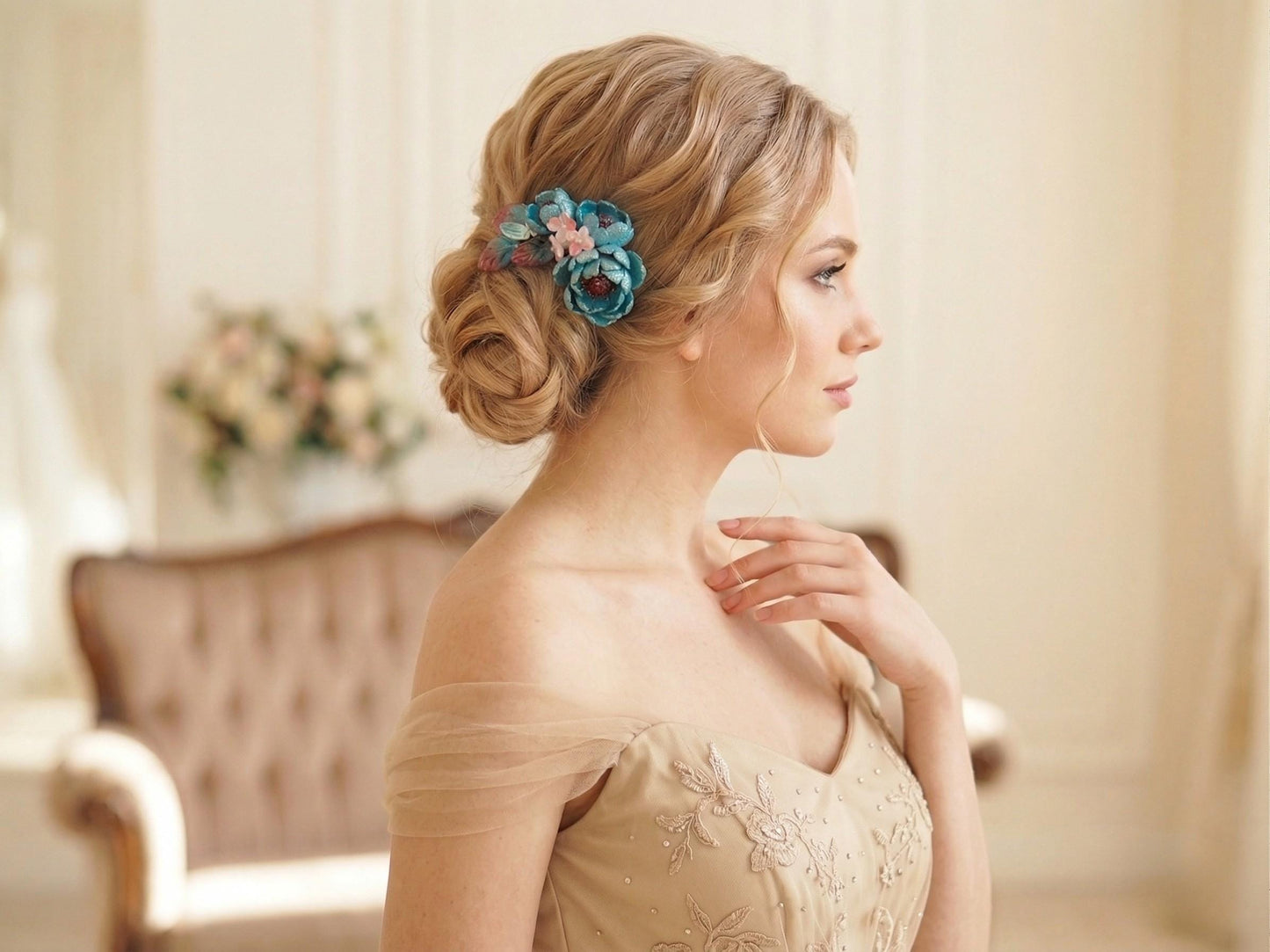Turquoise glass flower comb styled with an off-the-shoulder dress