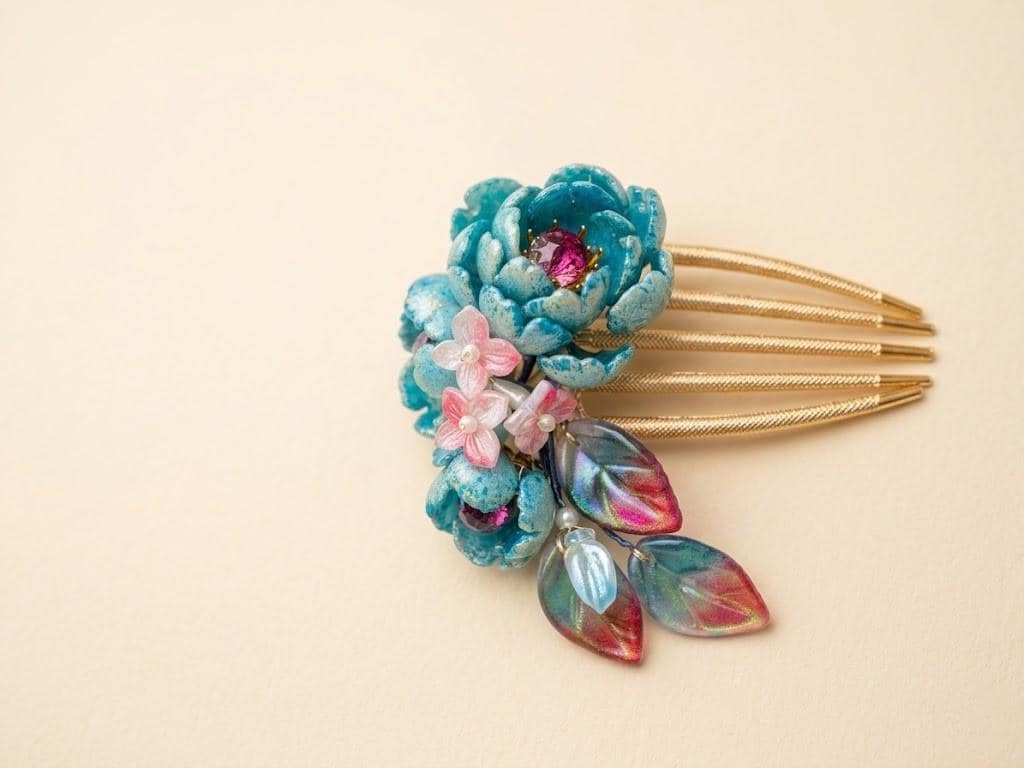 Gold comb with turquoise glass peony flowers and pink gem