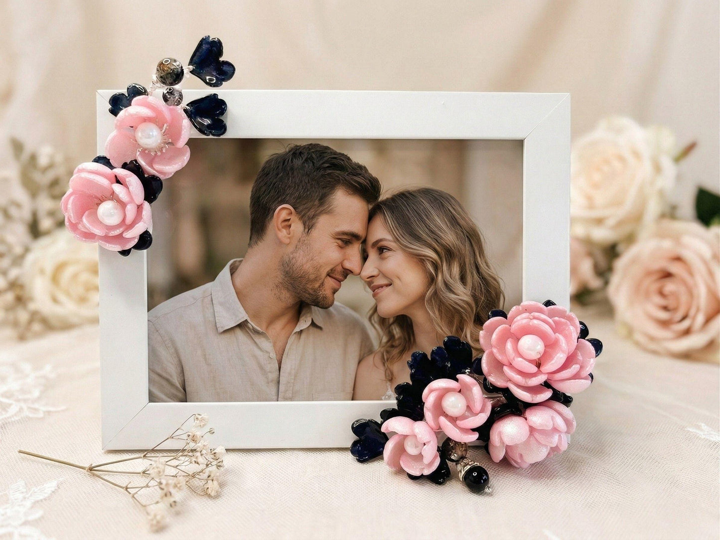 Pink and navy pearl glass flower photo frame 5x7, handmade in Sydney