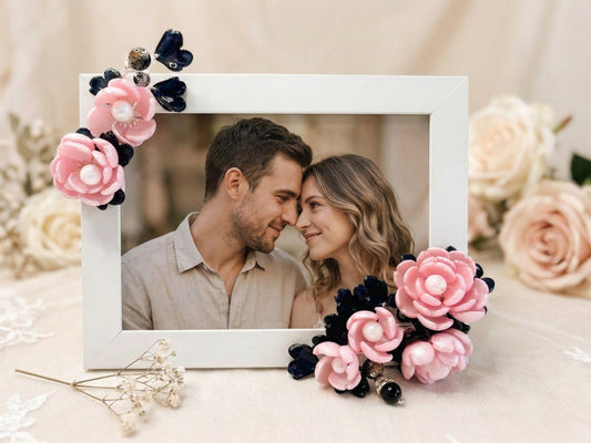 Pink and navy pearl glass flower photo frame 5x7, handmade in Sydney