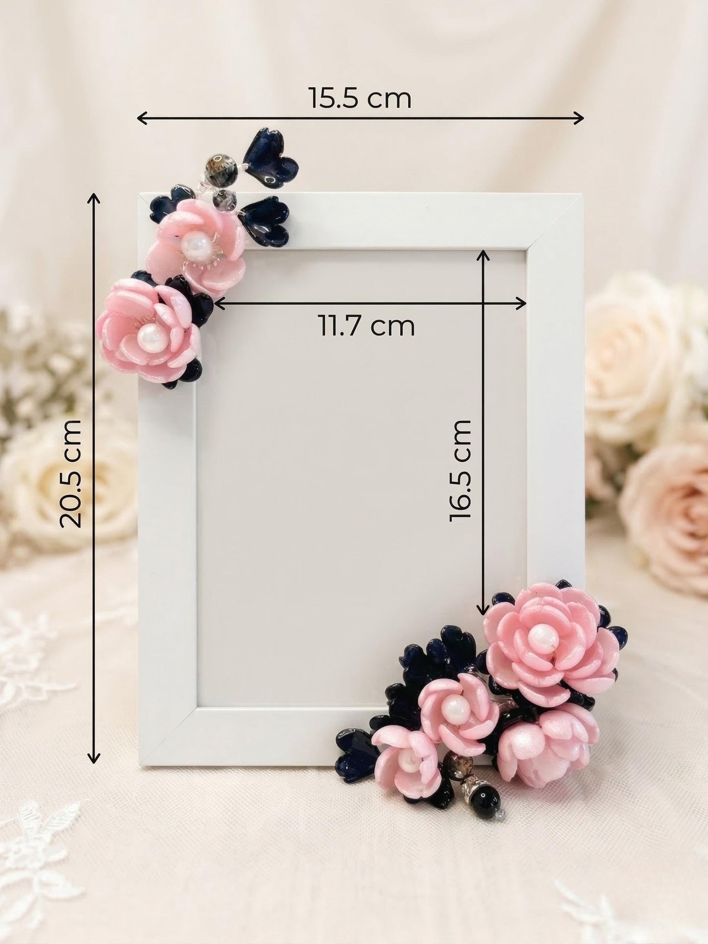 Pink and navy glass flower frame size reference
