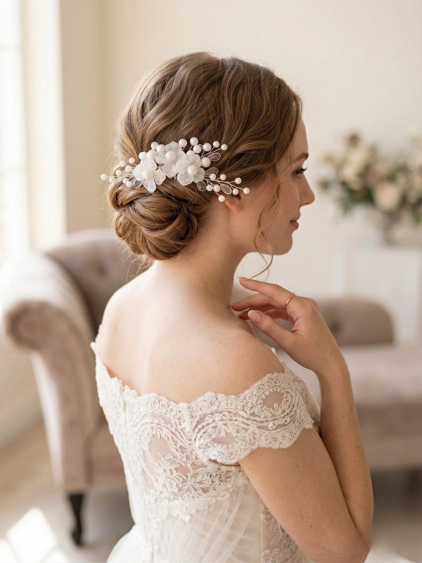 Bride wearing the white glass flower hair comb
