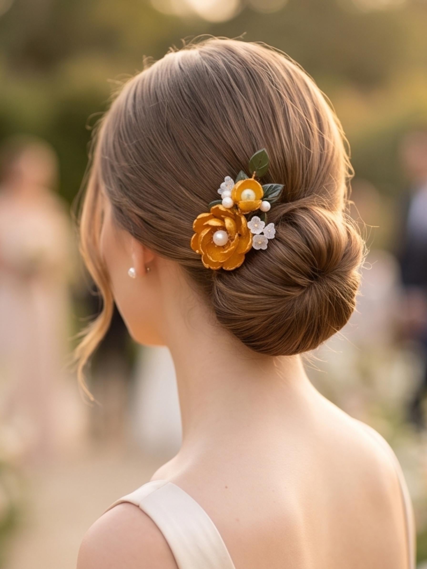 Yellow glass flower hair clip worn at a garden wedding