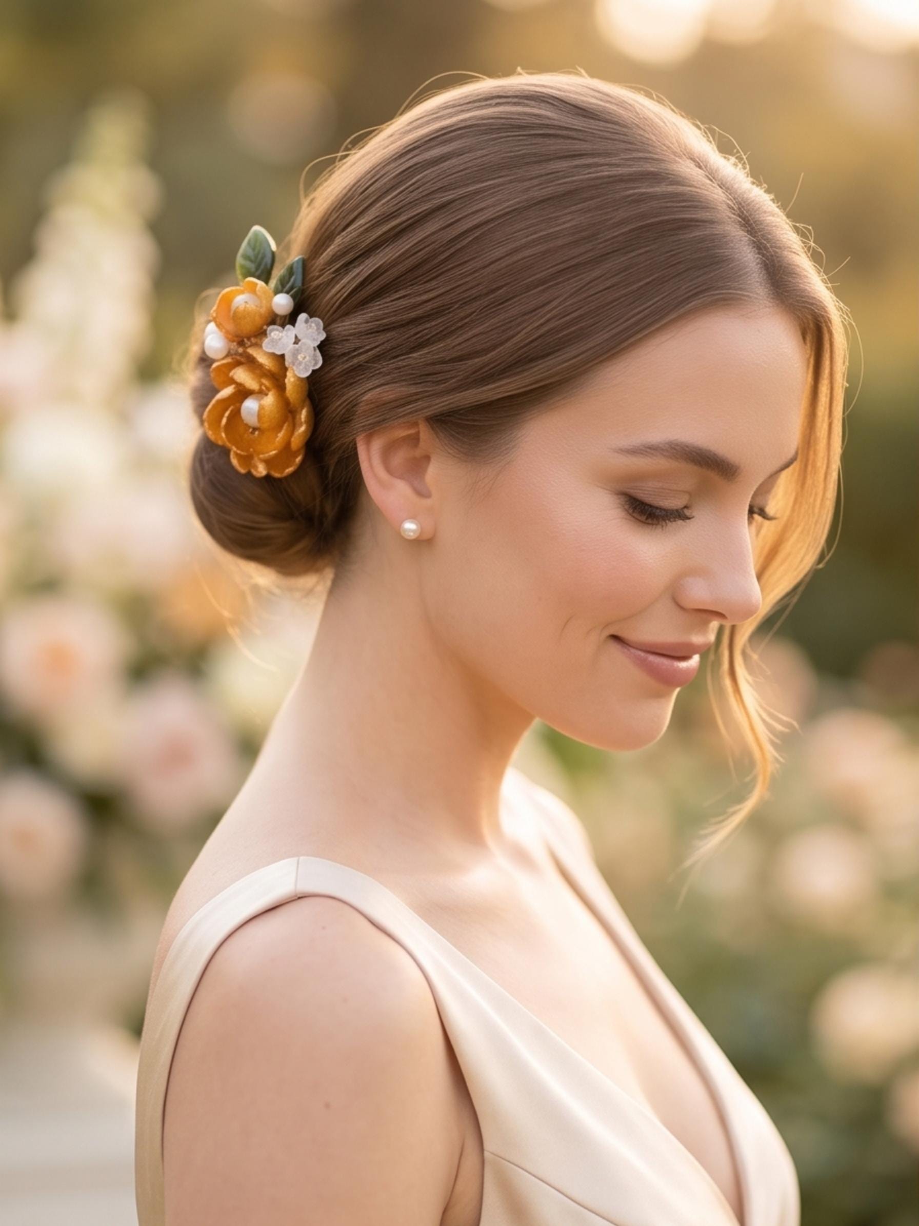 Yellow glass flower hair clip worn in a bun