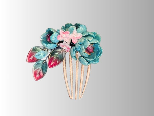 Turquoise glass flower hair comb with pink accents, handmade in Sydney
