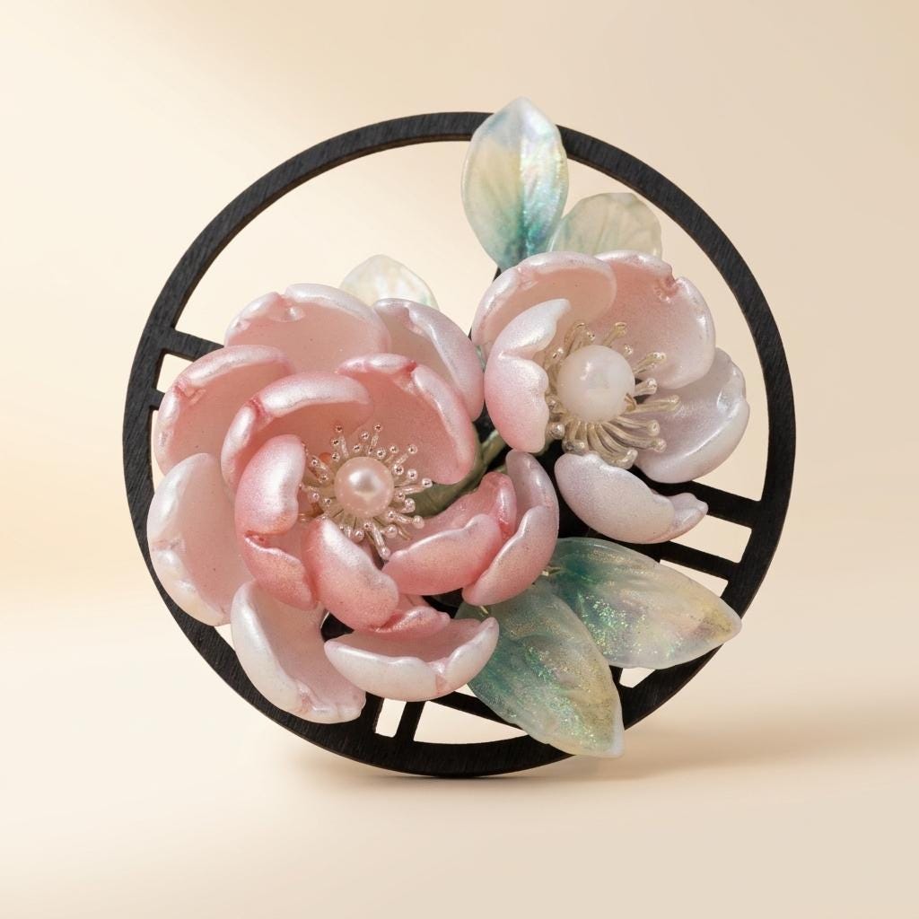 Glass peony magnet close-up on neutral background