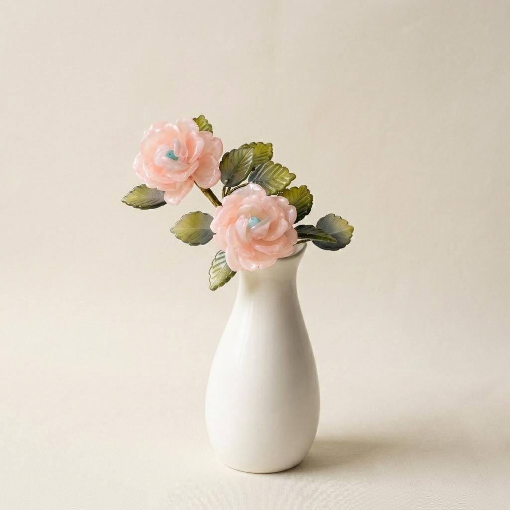 Pink glass rose flowers in a white ceramic vase