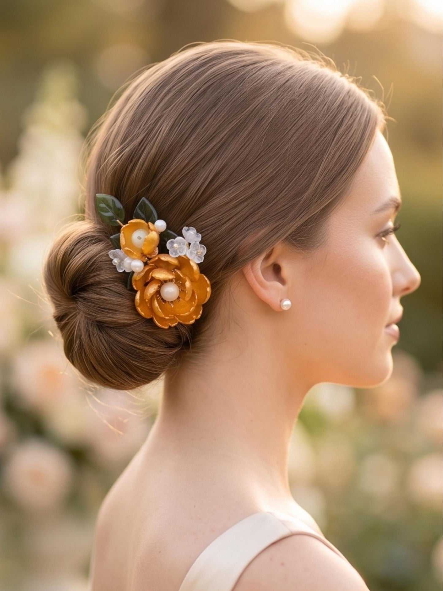 Golden glass flower clip styled in an updo