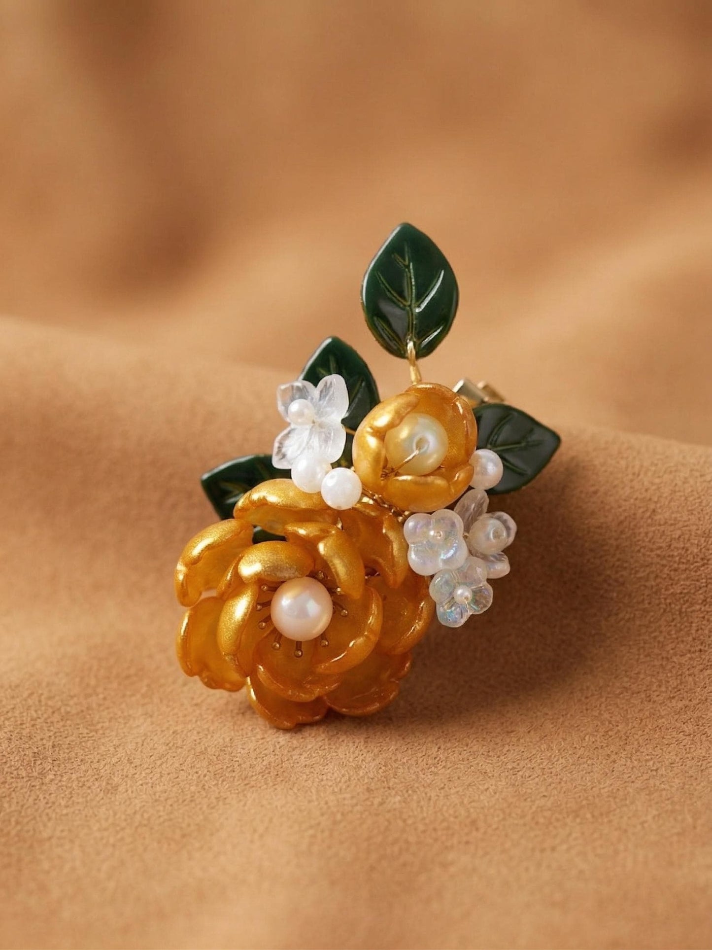 Yellow glass flower hair clip with pearl centres, handmade in Sydney