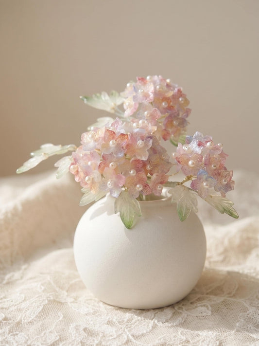 Pink hydrangea glass flower vase with LED fairy lights, handmade in Sydney