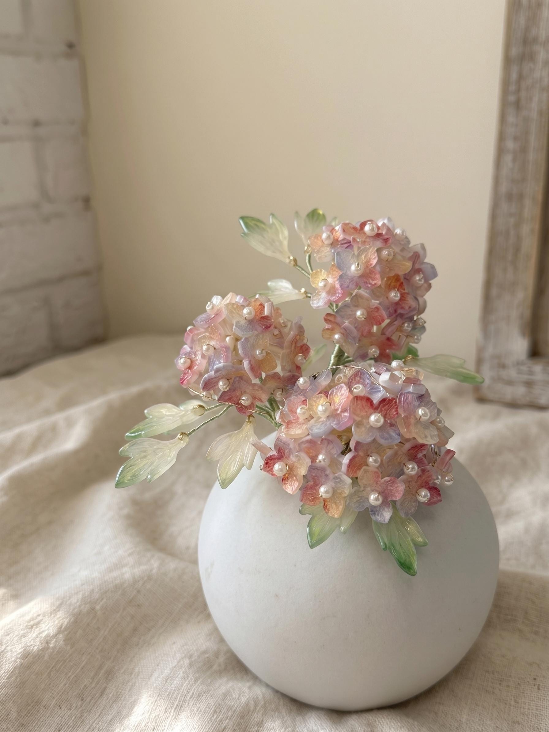 Pastel glass hydrangea clusters with pearl beads