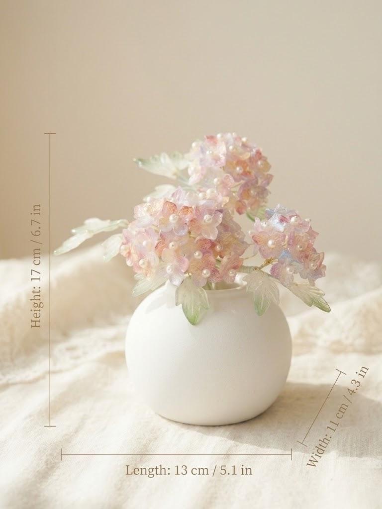 Pink and purple glass hydrangea vase, size reference