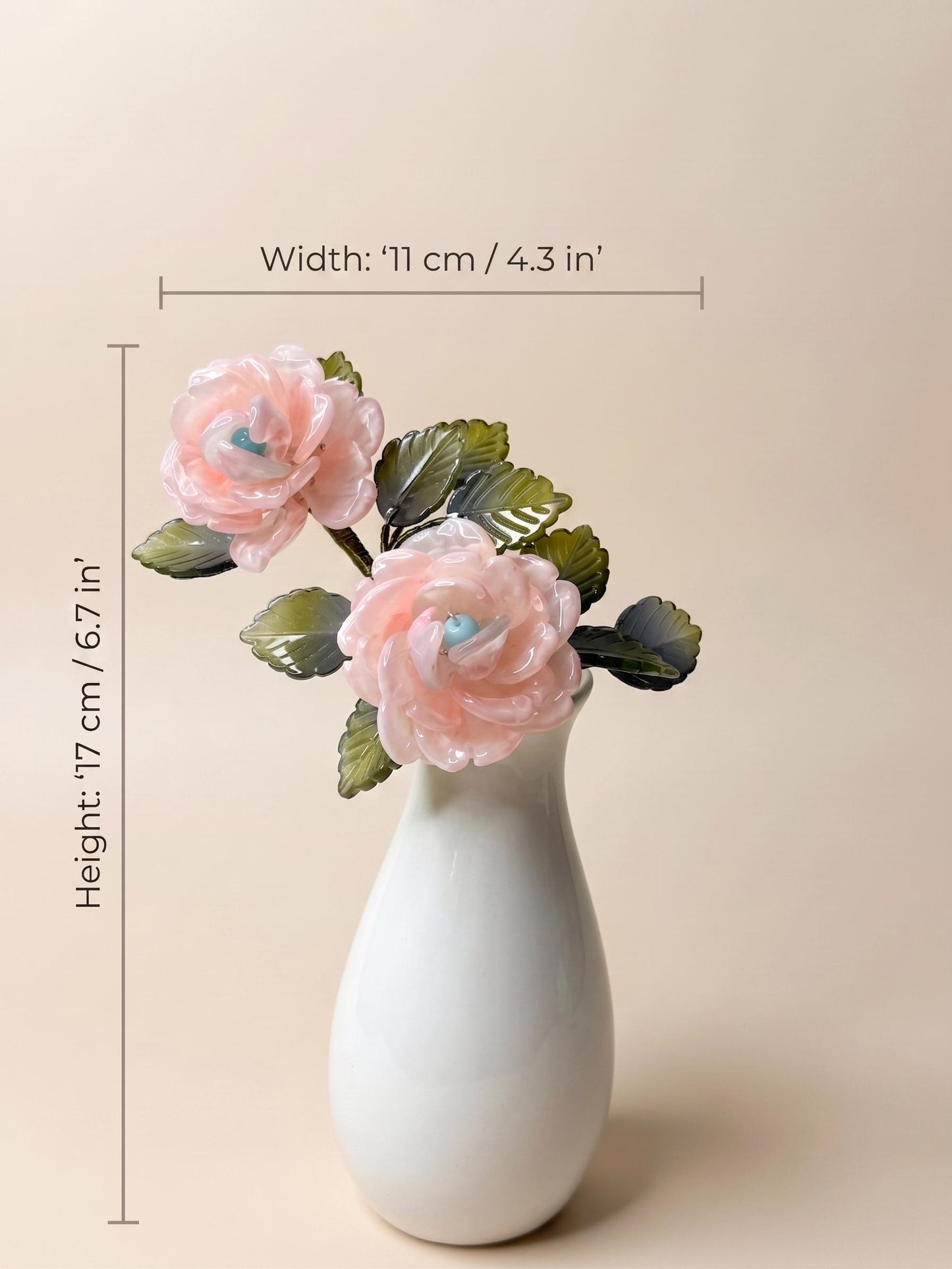 Pink glass rose lamp size reference, 17 cm tall
