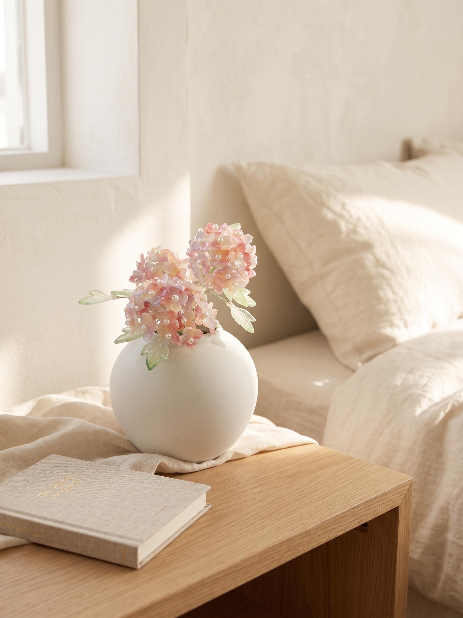 Pink hydrangea glass vase on a bedside table