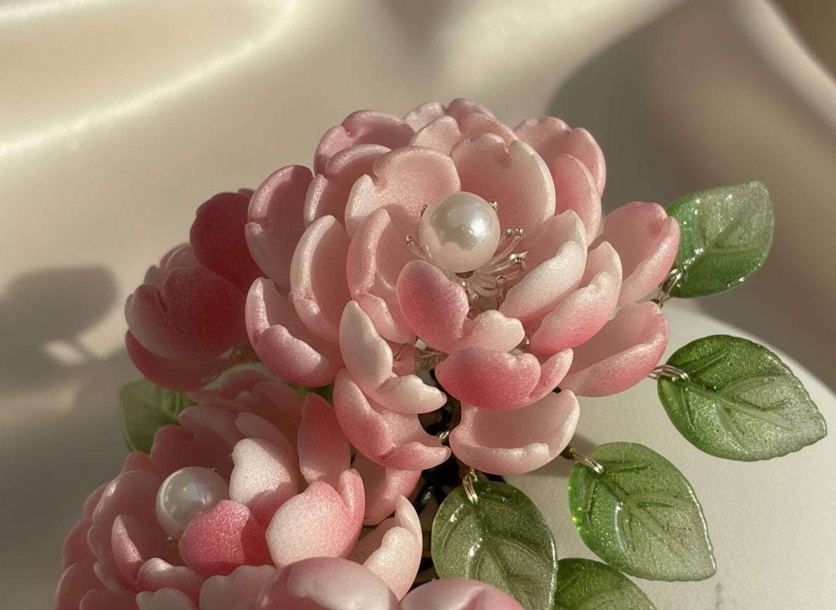 Pink glass peony arrangement in a round white ceramic vase