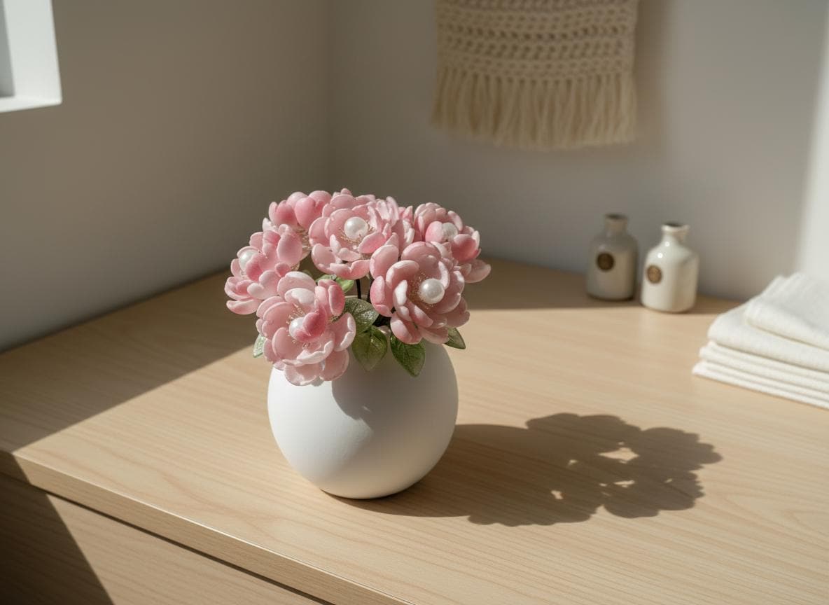 Pink peony glass vase glowing warm LED light