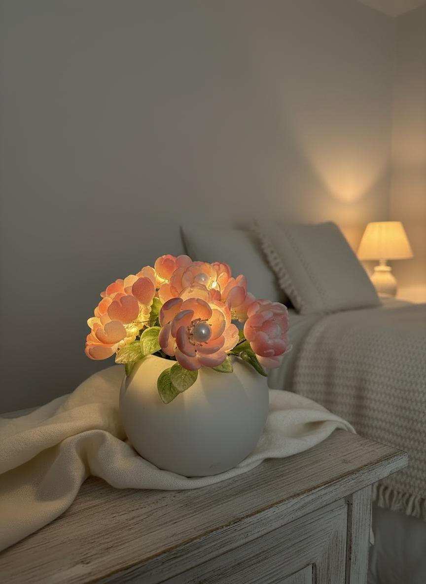 Pink glass peony arrangement in daylight