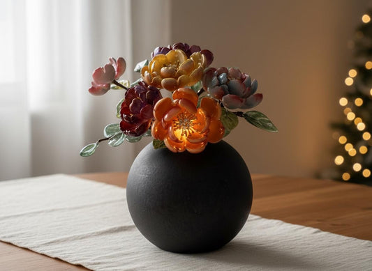 Jewel-tone peony glass flower vase with LED, handmade in Sydney