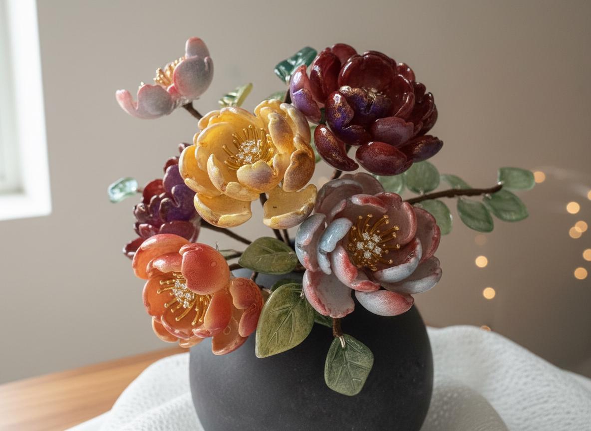 Close-up of the multicolour glass peony petals and gold stamens