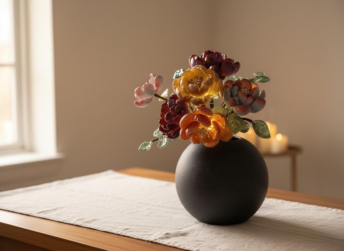 Jewel-tone peony glass vase in daylight styling