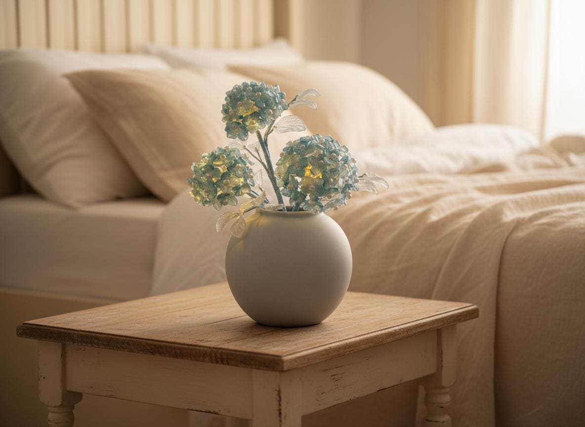 Blue glass hydrangea vase styled on a table
