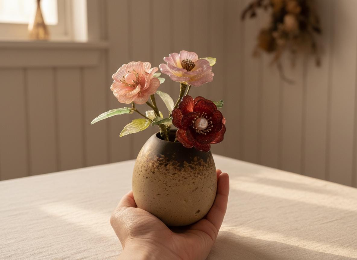 Glass wild roses in soft red, coral and lilac-pink