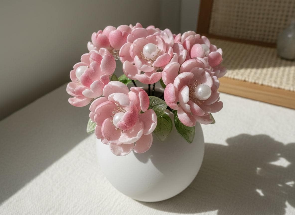 Pink peony glass flower vase with LED, handmade in Sydney
