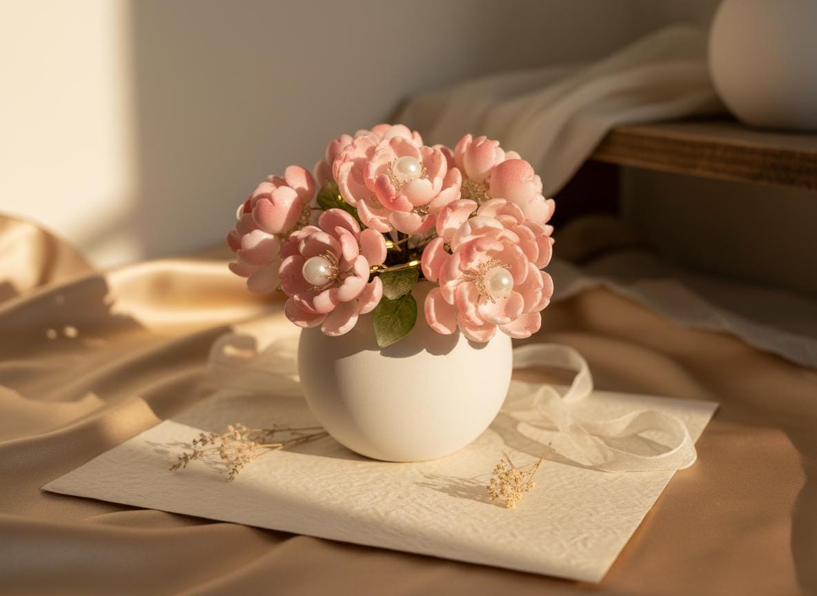Close-up of pink glass peony petals with pearl centre
