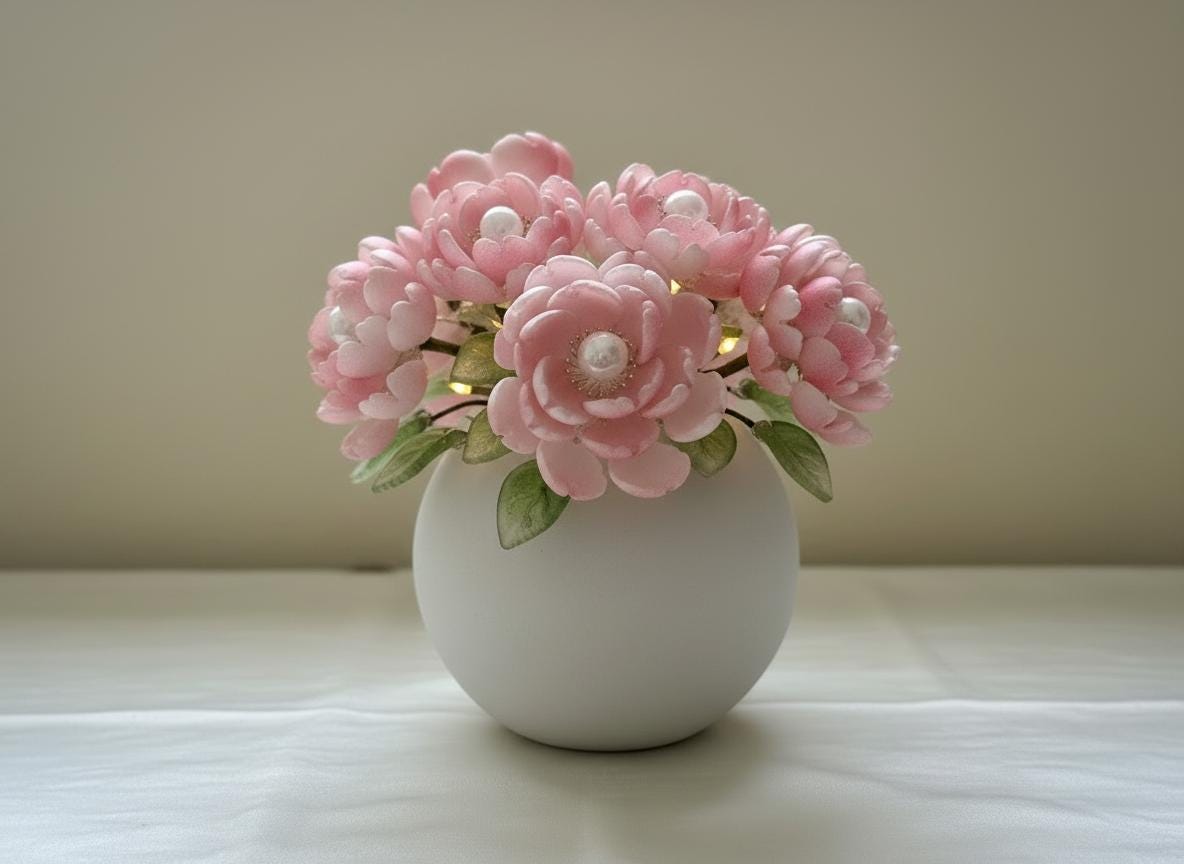 Pink peony glass vase lit as a night light