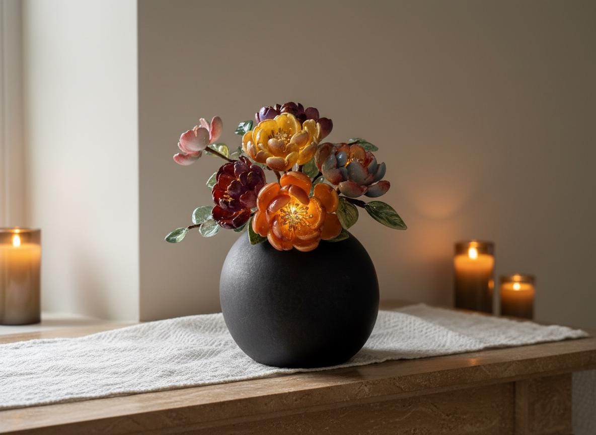 Jewel-tone peony glass vase styled on a console
