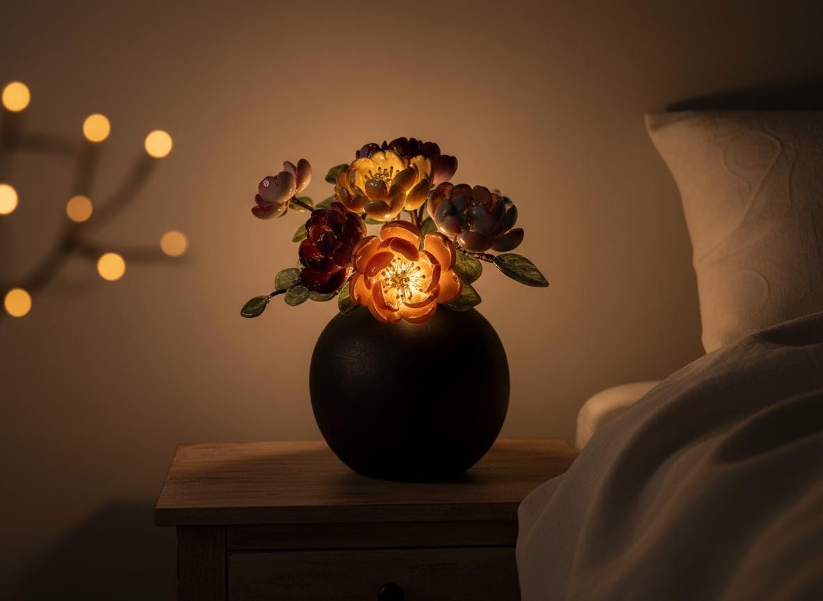 Jewel-tone peony glass vase lit as a bedside night light