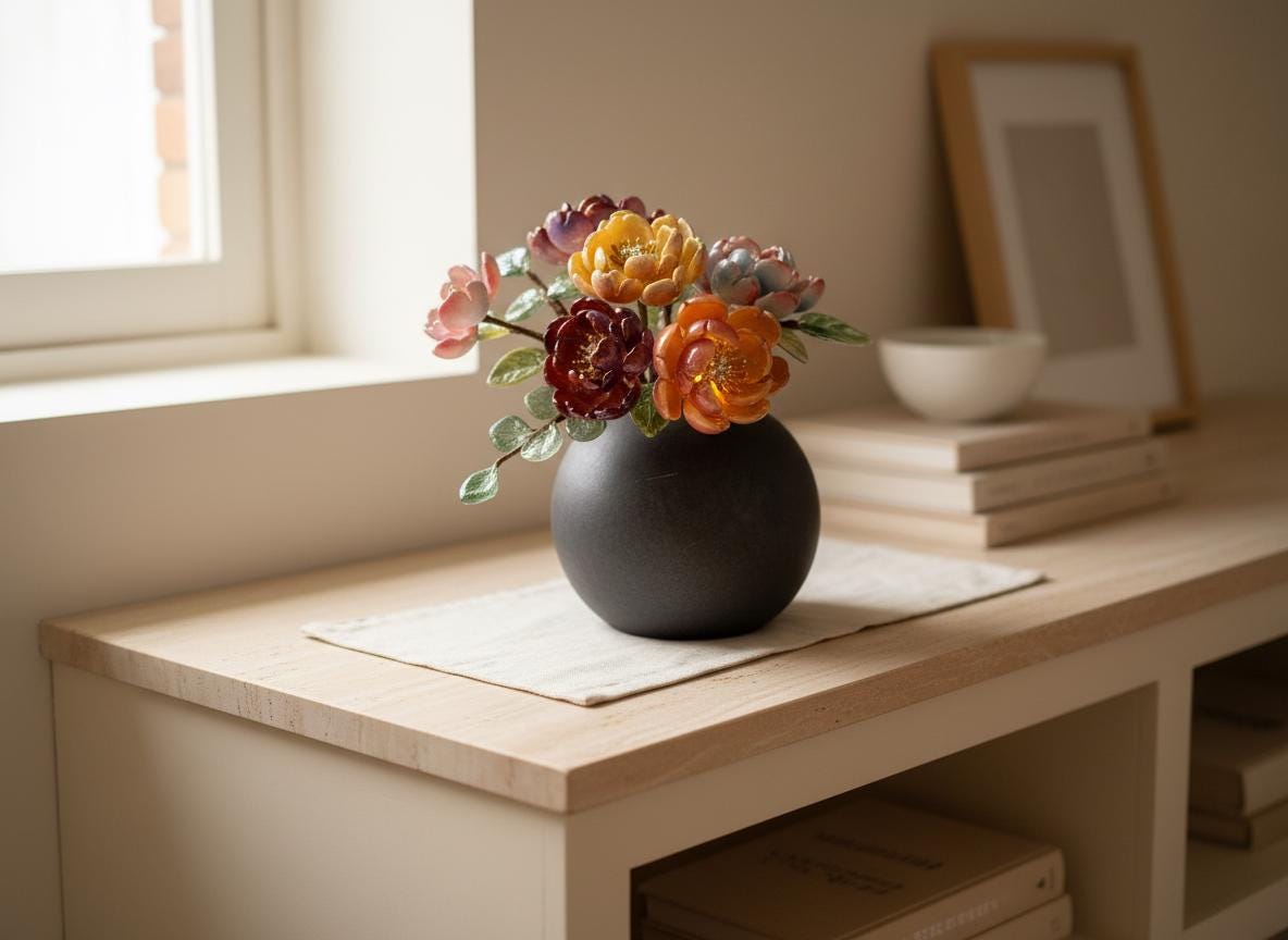 Jewel-tone peony glass vase on a bookshelf