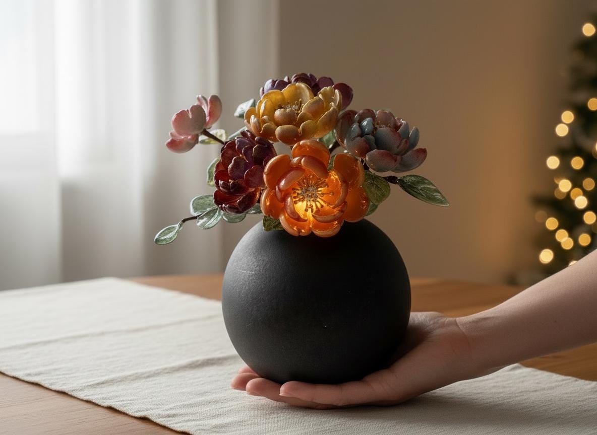 Hand holding the jewel-tone peony glass vase to show scale