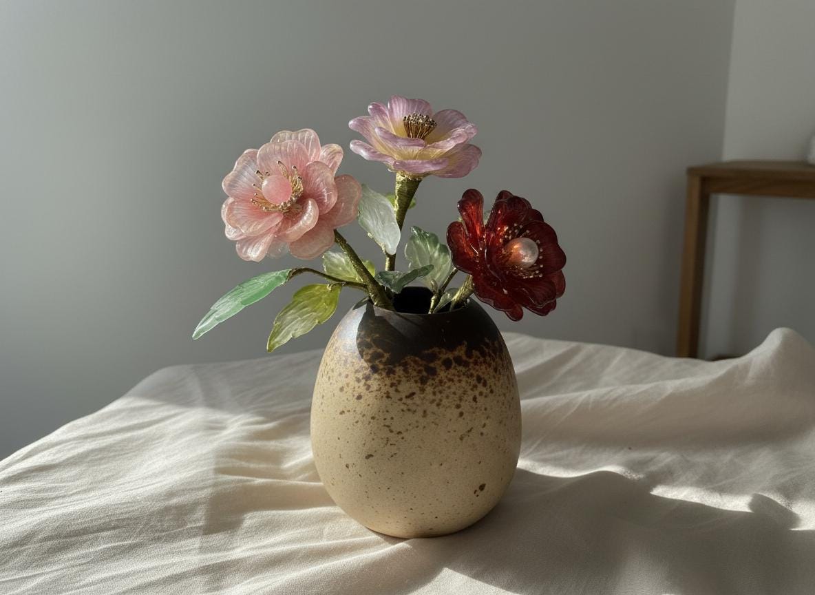 Speckled ceramic pot with glass wild roses