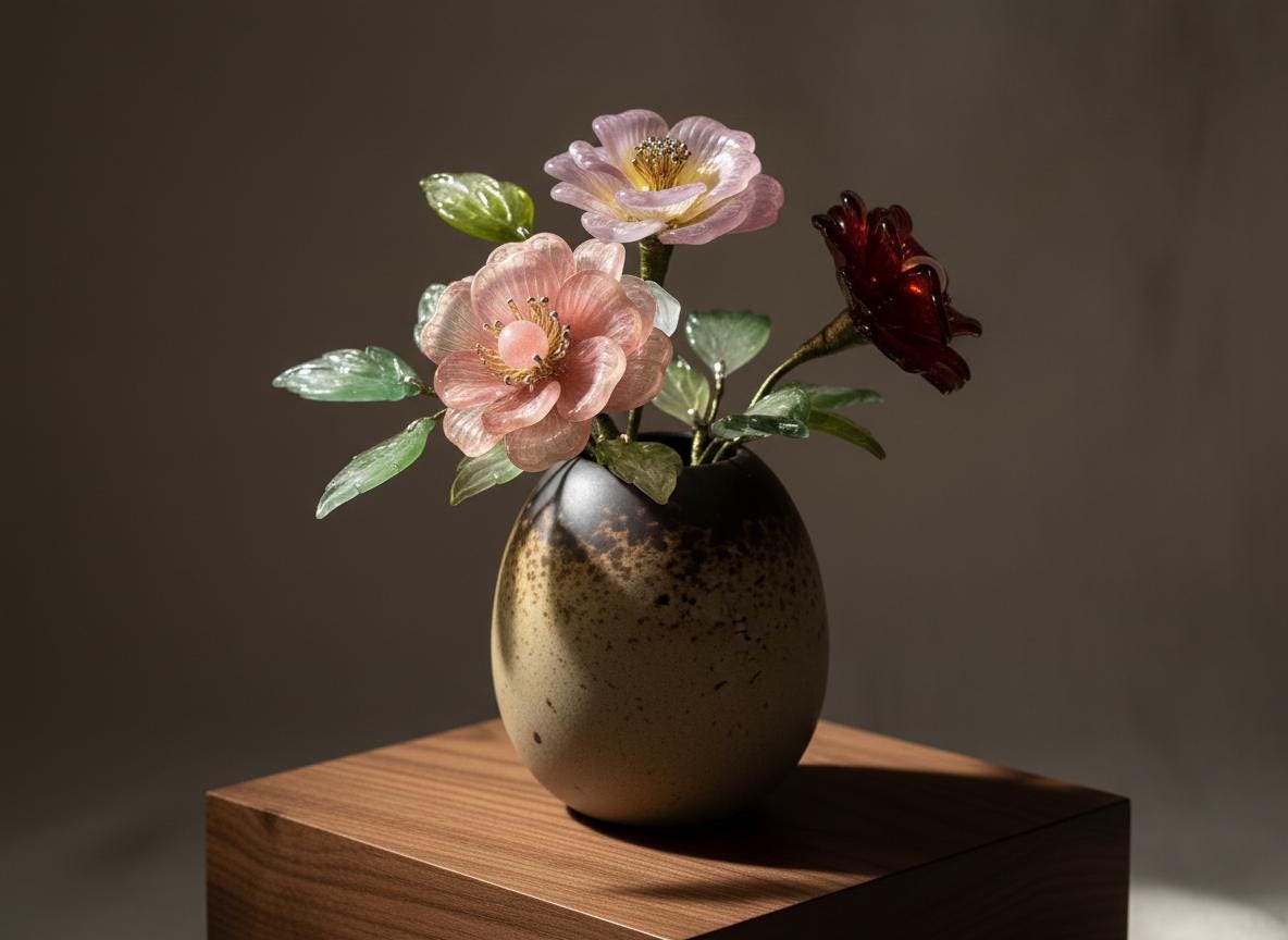 Mini glass wild rose vase with warm LED, handmade in Sydney