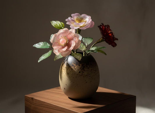 Mini glass wild rose vase with warm LED, handmade in Sydney