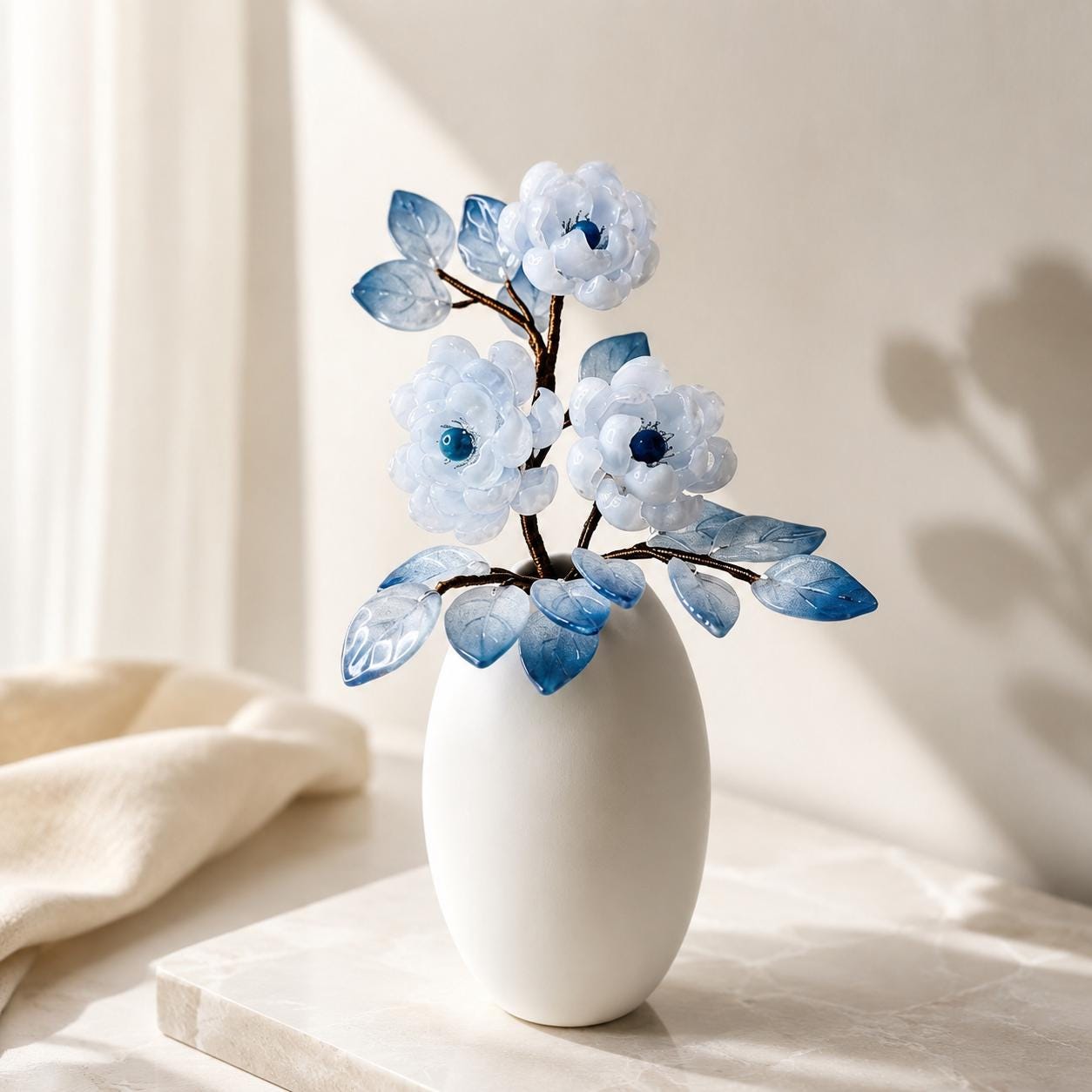 Blue and white glass flower vase with warm LED, handmade in Sydney