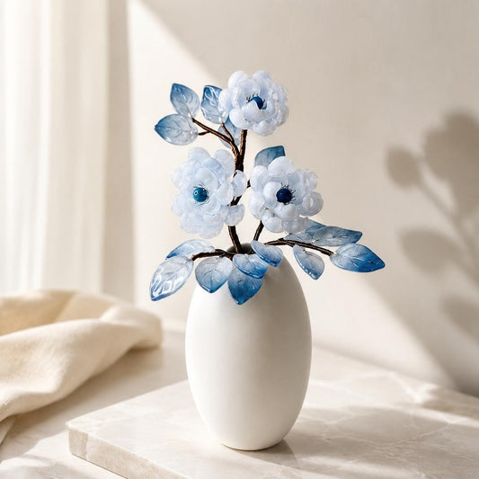 Blue and white glass flower vase with warm LED, handmade in Sydney