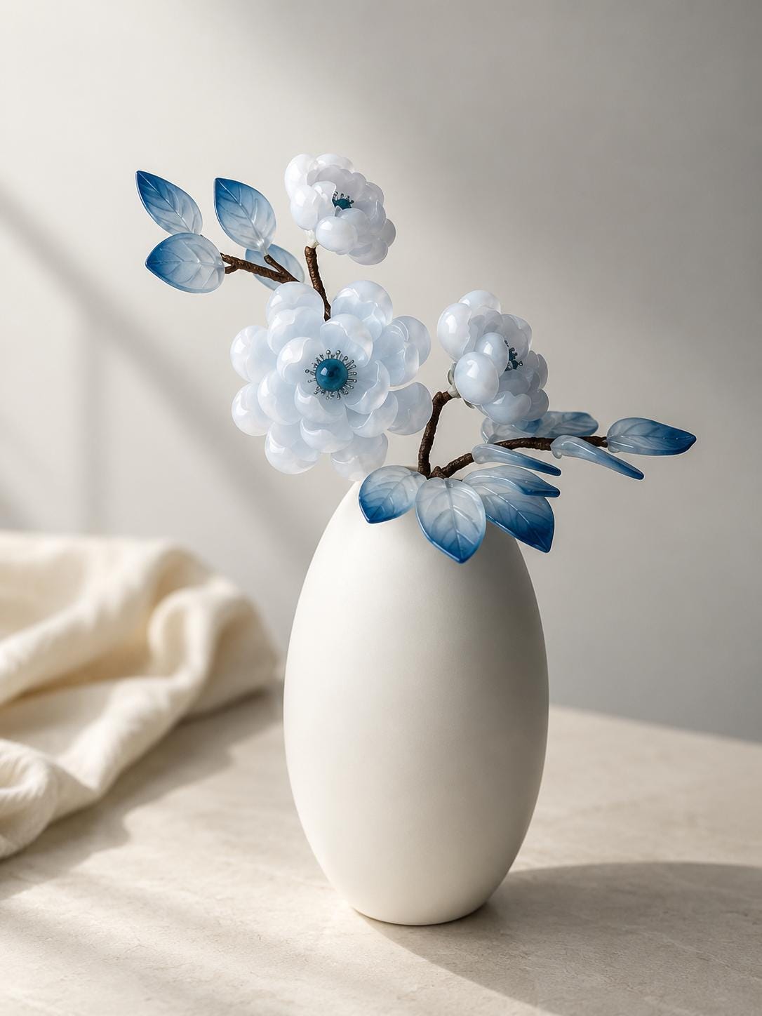 Blue glass flowers on soft linen