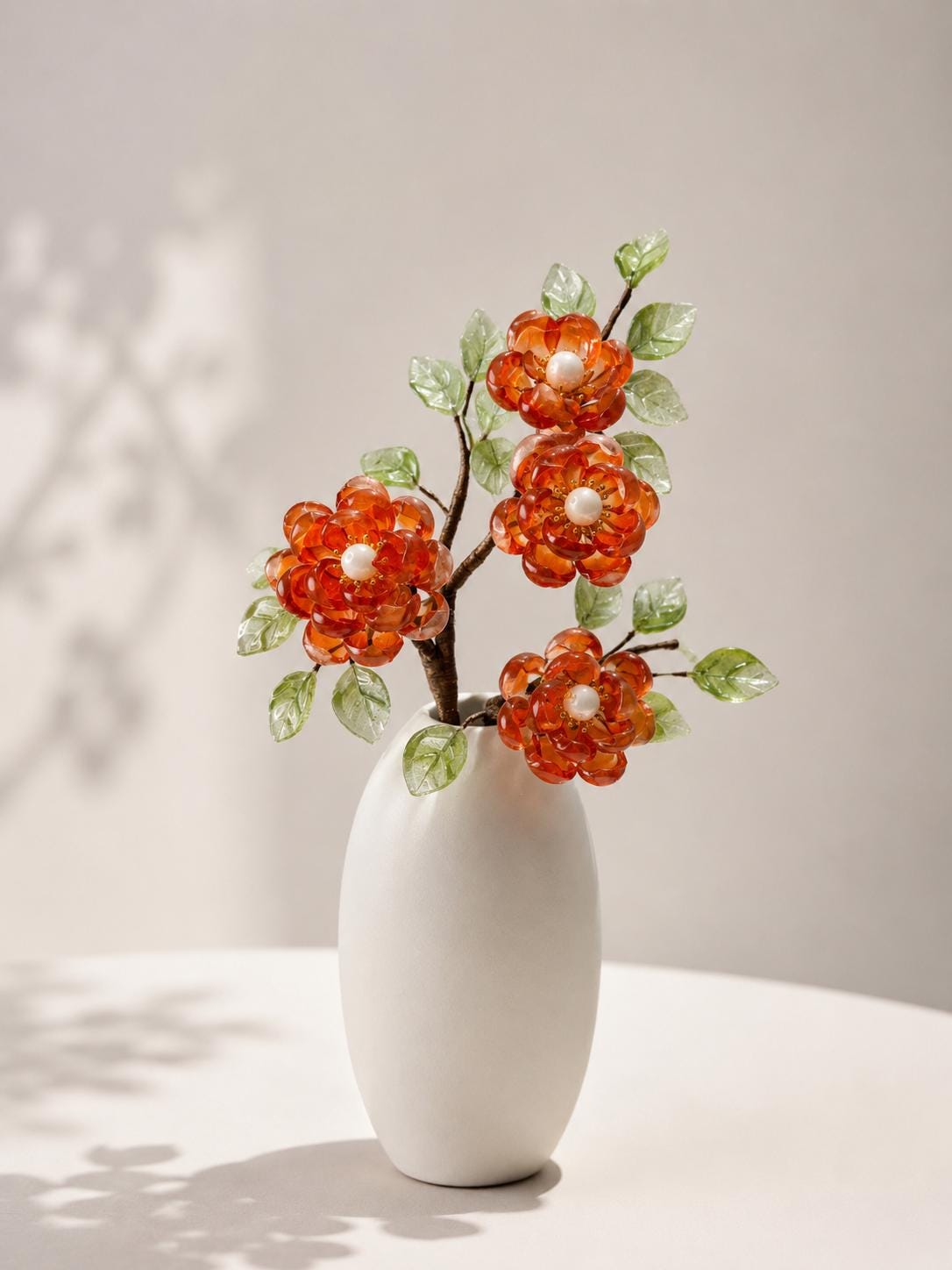 Red glass flower vase with warm LED, handmade in Sydney