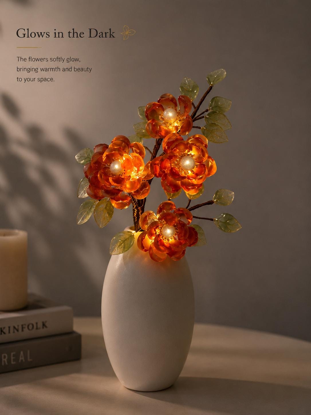 Red glass flowers glowing softly at night