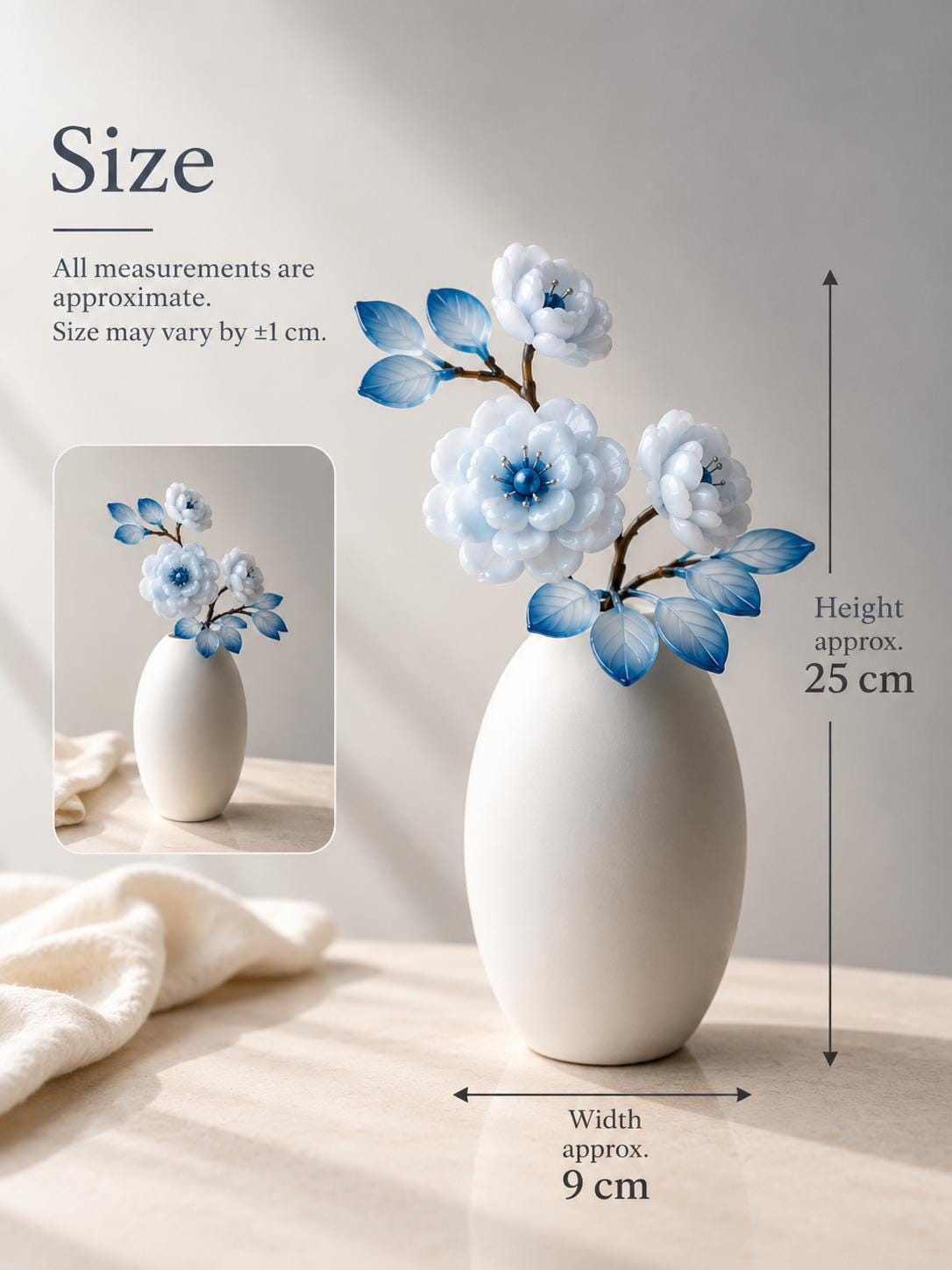 Blue glass flower vase size reference