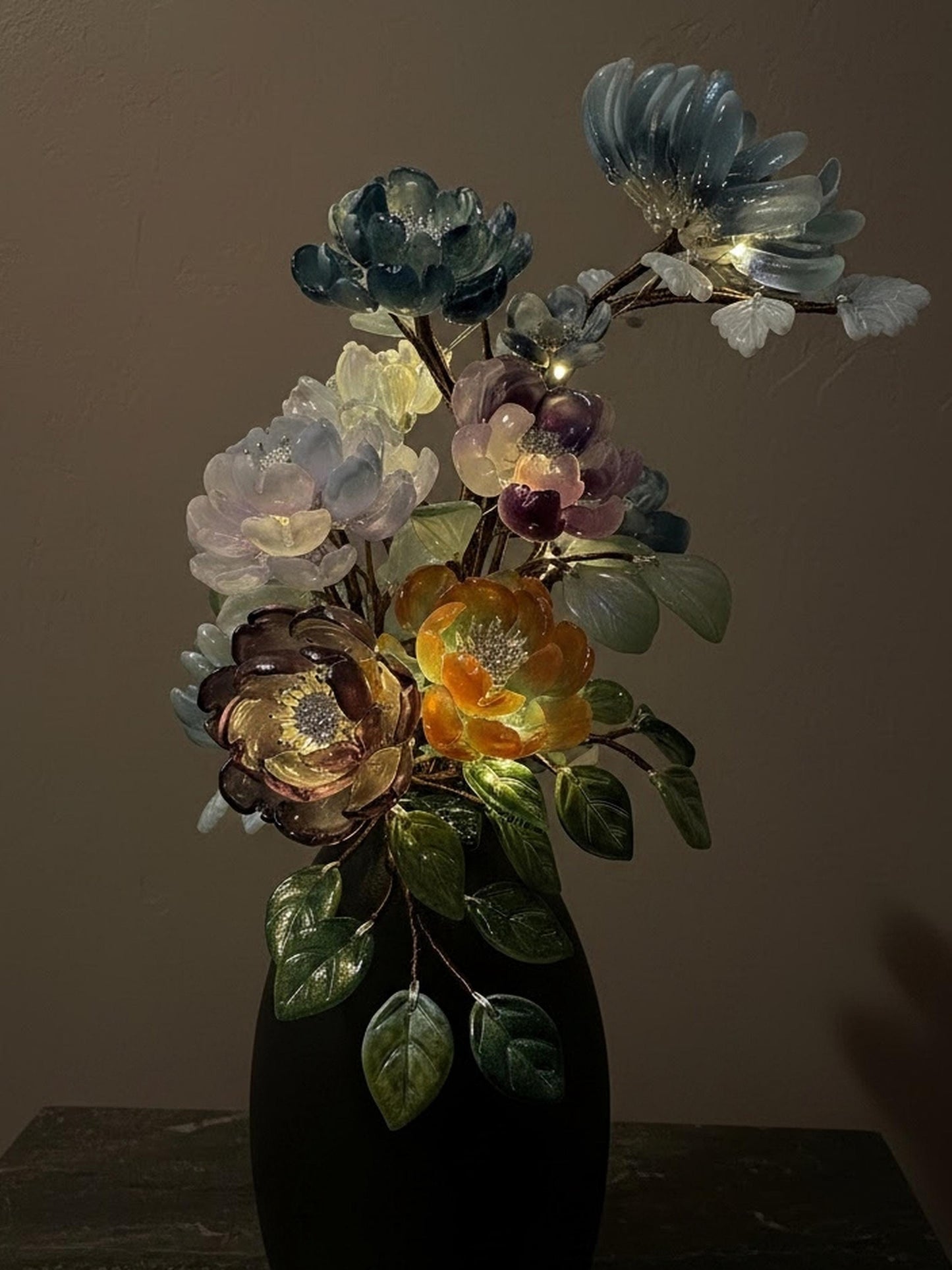 Glass flower bouquet in soft daylight